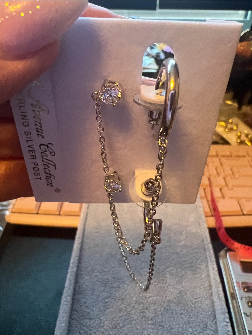 Silver Crystal Chain Hoop Earrings - double piercing - Silver